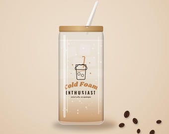 Iced Coffee Lover Gift, Cold Foam Enthusiast Glass Cup, 16oz Can Glass with Bamboo Lid and Straw, Cute Iced Latte Cup
