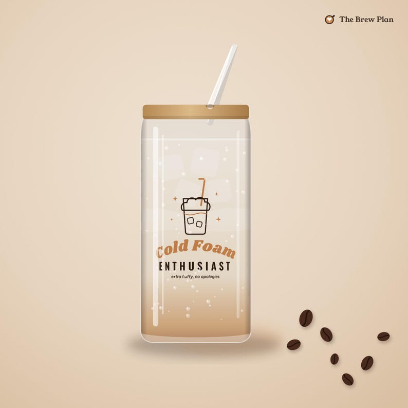 Iced Coffee Lover Gift, Cold Foam Enthusiast Glass Cup, 16oz Can Glass with Bamboo Lid and Straw, Cute Iced Latte Cup image 1