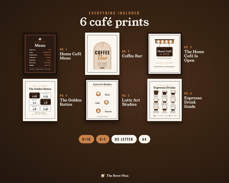 Coffee Bar Signs Printable Set of 6, Home Cafe Menu Sign, Espresso Drink Guide, Kitchen Wall Art, Brew Ratio Chart image 2