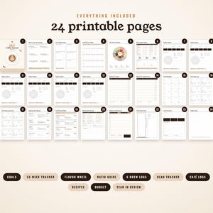 May include: A set of 24 printable pages for a 2027 coffee journal, featuring various templates including a flavor wheel, brew logs, bean tracker, cafe logs, recipes, and budget sheets. The pages are organized in a grid with numbered labels.