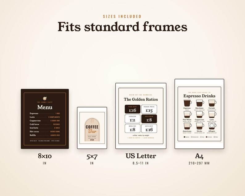 Coffee Bar Signs Printable Set of 6, Home Cafe Menu Sign, Espresso Drink Guide, Kitchen Wall Art, Brew Ratio Chart image 8
