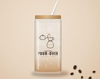 Coffee Lover Gift, Powered by Pour-Over Glass Cup, 16oz Can Glass with Lid and Straw, Pour Over Coffee Gift, Iced Coffee Cup