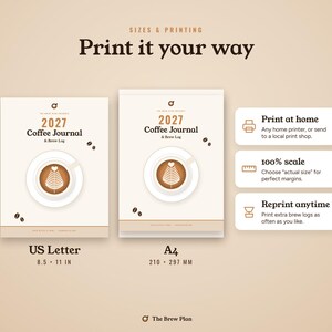 May include: A digital 2027 Coffee Journal and Brew Log template available in US Letter 8.5 by 11 inch and A4 210 by 297 mm sizes. The design features a coffee cup graphic with latte art, coffee beans, and instructions for home printing.
