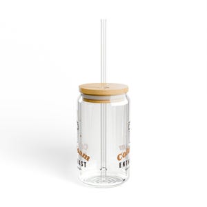 Iced Coffee Lover Gift, Cold Foam Enthusiast Glass Cup, 16oz Can Glass with Bamboo Lid and Straw, Cute Iced Latte Cup image 2