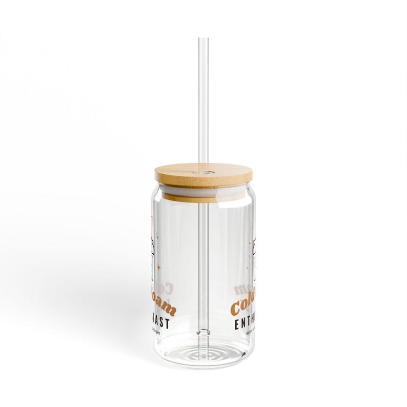 Iced Coffee Lover Gift, Cold Foam Enthusiast Glass Cup, 16oz Can Glass with Bamboo Lid and Straw, Cute Iced Latte Cup image 2