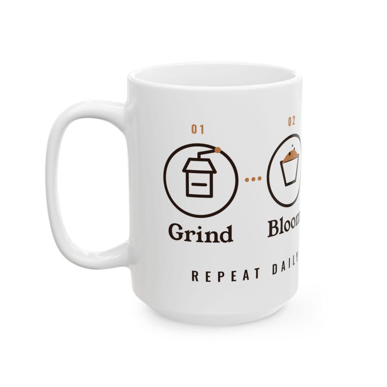 Pour Over Coffee Gift, Grind Bloom Pour Sip Mug, Coffee Brewing Steps 15oz Mug, Home Barista Gift, Coffee Lover Mug image 4