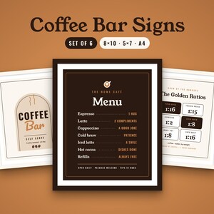 Coffee Bar Signs Printable Set of 6, Home Cafe Menu Sign, Espresso Drink Guide, Kitchen Wall Art, Brew Ratio Chart image 1