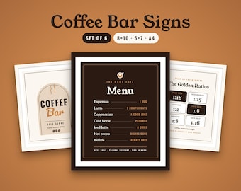 Coffee Bar Signs Printable Set of 6, Home Cafe Menu Sign, Espresso Drink Guide, Kitchen Wall Art, Brew Ratio Chart