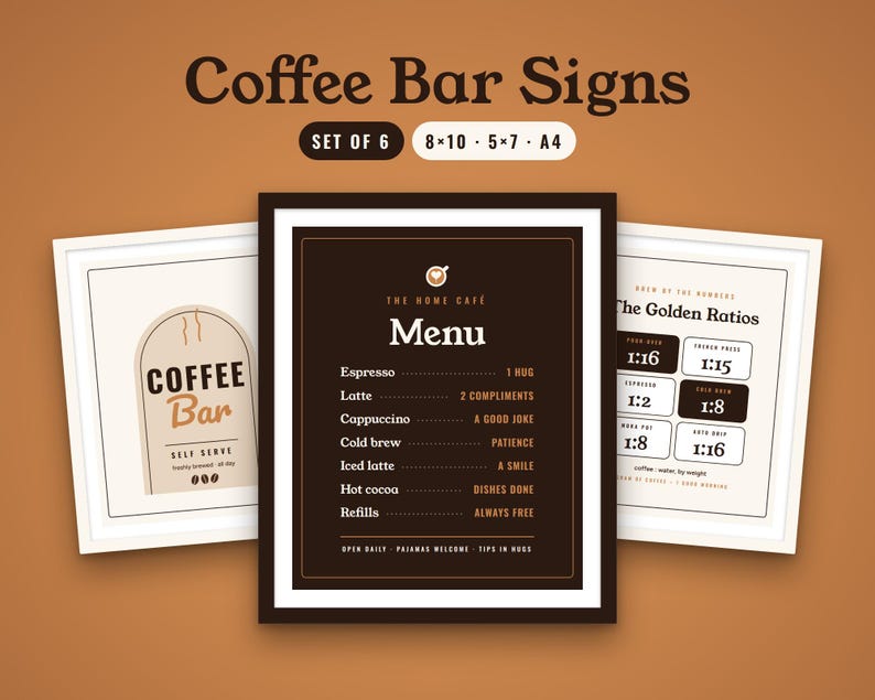 Coffee Bar Signs Printable Set of 6, Home Cafe Menu Sign, Espresso Drink Guide, Kitchen Wall Art, Brew Ratio Chart image 1