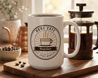 May include: A white ceramic mug featuring a circular graphic with the text HOME CAFE, Regular, and EST. EVERY MORNING. The design includes a central illustration of a coffee cup with steam rising, set against a sunburst background in brown tones.