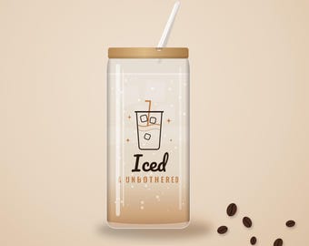 Iced Coffee Lover Gift, Iced and Unbothered Glass Cup with Lid and Straw, 16oz Can Glass, Aesthetic Iced Latte Cup for Her