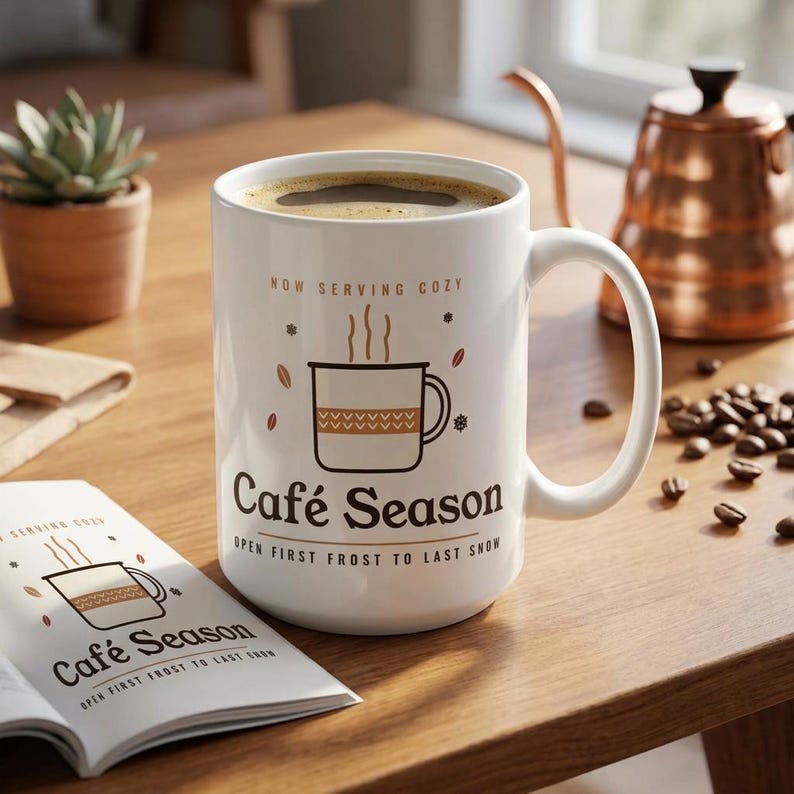 May include: A white ceramic mug featuring a graphic of a smaller mug with steam, the text "NOW SERVING COZY", "Caf&eacute; Season", and "OPEN FIRST FROST TO LAST SNOW". The design includes small leaf and snowflake icons in brown and orange tones.