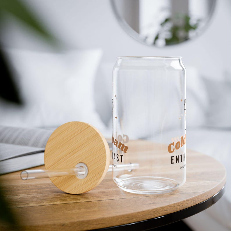 Iced Coffee Lover Gift, Cold Foam Enthusiast Glass Cup, 16oz Can Glass with Bamboo Lid and Straw, Cute Iced Latte Cup image 6