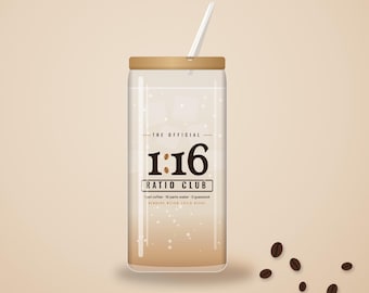 Coffee Nerd Gift, 1:16 Ratio Club Glass Cup, 16oz Can Glass with Bamboo Lid, Pour Over Coffee Ratio Gift, Iced Coffee Cup