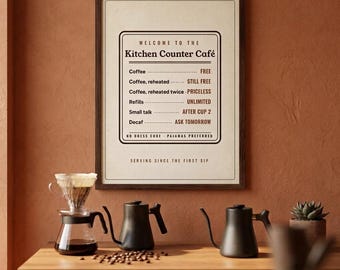 Kitchen Counter Café Menu Poster, Funny Coffee Bar Art Print, Coffee Lover Gift