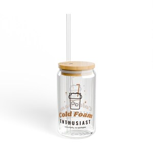 Iced Coffee Lover Gift, Cold Foam Enthusiast Glass Cup, 16oz Can Glass with Bamboo Lid and Straw, Cute Iced Latte Cup image 4