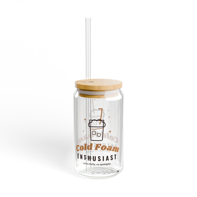 Iced Coffee Lover Gift, Cold Foam Enthusiast Glass Cup, 16oz Can Glass with Bamboo Lid and Straw, Cute Iced Latte Cup image 4