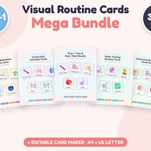 May include: A 5-in-1 bundle of visual routine cards featuring over 300 cards. The set includes sheets for morning and bedtime, daily schedules, first/then/next boards, potty training, and classroom/homeschool schedules with an editable card maker.