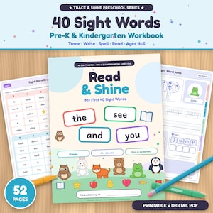 Pode incluir: Um caderno de exercícios educativos de 52 páginas intitulado Read & Shine My First 40 Sight Words para pré-escola e jardim de infância. A capa apresenta ilustrações coloridas de animais, uma estrela, uma maçã e um coração.