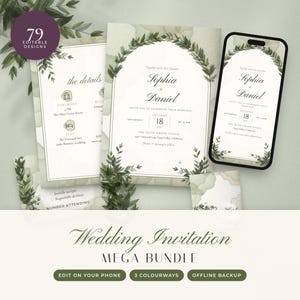 May include: A wedding invitation suite featuring a green olive branch arch design. The set includes a main invitation, details card, and RSVP card, all displayed on a smartphone and paper. Text includes Sophia and Daniel, September 18, 2027, and 79 Editable Designs.