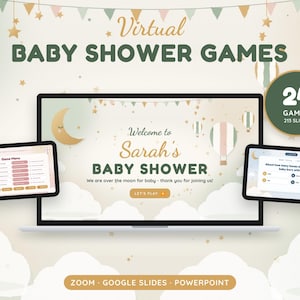 May include: A digital display of virtual baby shower games featuring a laptop and two tablets. The screen text reads Welcome to Sarah's BABY SHOWER, We are over the moon for baby - thank you for joining us!, and LET'S PLAY. A circular badge indicates 24 GAMES 213 SLIDES.