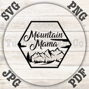 May include: Black and white graphic design of a mountain range with the text "Mountain Mama" in a hexagon shape.