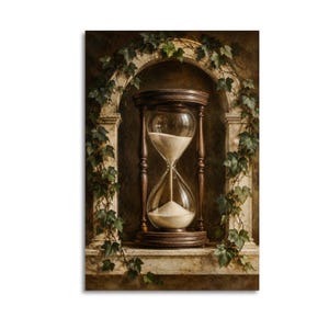Vintage-Wandbild mit Sanduhr, antiker Sanduhr-Druck in Steinnische, Dark-Academia-Arbeitszimmerdekoration