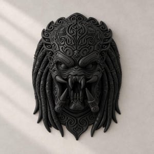 Può includere: Una scultura da parete nero opaco che raffigura una creatura con una bocca spalancata, zanne affilate e appendici simili a dreadlock. La superficie è ricoperta da intricati motivi a spirale che coprono l'intera struttura del volto.