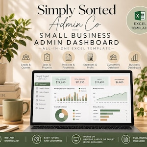 May include: A digital Excel template for a small business admin dashboard titled Simply Sorted Admin Co. The screen displays financial metrics, including total revenue, expenses, profit, and outstanding amounts, alongside charts for monthly revenue, profit overview, and income breakdown.