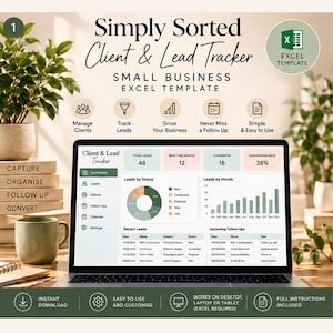 Puede incluir: Una plantilla digital de Excel para el seguimiento de clientes y prospectos en la pantalla de una computadora portátil. El panel incluye un gráfico circular, un gráfico de barras y tablas de datos. Texto: Simply Sorted Client & Lead Tracker.