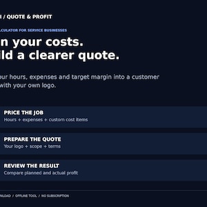 May include: A dark blue digital interface for Lari Quote & Profit, a quote calculator for service businesses. It features the text Plan your costs. Build a clearer quote. and outlines three steps: Price the job, Prepare the quote, and Review the result.