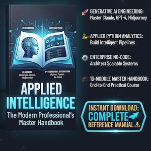 May include: A book titled Applied Intelligence: The Modern Professional's Master Handbook. The cover features a glowing open book with a digital human head silhouette, code snippets, and text listing modules on AI engineering, Python, and no-code systems.