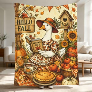 Couverture « Bonjour l’automne » à motif d’oie, plaid douillet pour la lecture automnale, couvre-lit rustique en polaire, décoration citrouille