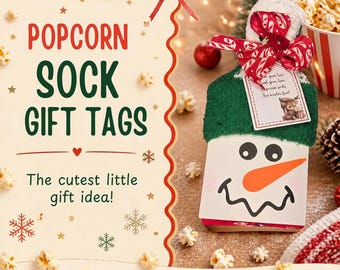 Popcorn Sock Gift Tags Printable, Christmas Gift Tag, DIY Stocking Stuffer Tag, Popcorn & Socks Gift Tag, Digital Download