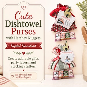 May include: Two fabric pouches with red, green, and white patterns, each clipped with a gold glitter reindeer and a tag. The top tag reads Dish Happens, and the bottom tag reads I'd Rather Eat Chocolate. Each pouch includes four Hershey Nuggets.