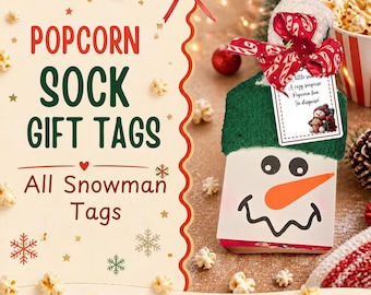 Etichette regalo per calzini con pupazzo di neve e popcorn, poesia di Natale (download digitale)