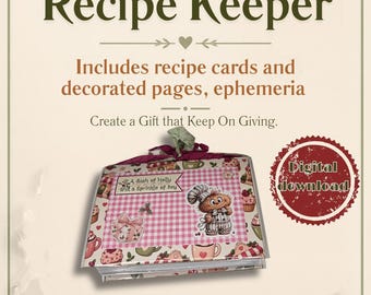 Pode incluir: Um Recipe Keeper em download digital com capa xadrez rosa, um chef de desenho animado, um presente e o texto A dash of Holly and a Sprinkle of Joy. O conjunto inclui cartões de receitas, páginas decoradas e elementos de efêmera.
