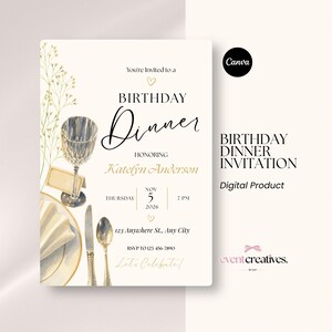Op de afbeelding: Een uitnodigingskaart voor een verjaardagsdiner met een aquarelillustratie van een tafelsetting met een kristallen glas, bord, mes en lepel. De tekst luidt: You're Invited to a BIRTHDAY DINNER Honoring Katelyn Anderson, Thursday Nov 5 2026 7 PM, 123 Anywhere St., Any City, RSVP to 123-456-7890.