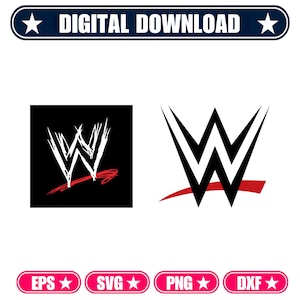 May include: A digital download file featuring two WWE logos. The left logo is a white scratched W on a black square with a red underline. The right logo is a black W with a red underline. The text DIGITAL DOWNLOAD and file formats EPS, SVG, PNG, DXF are visible.