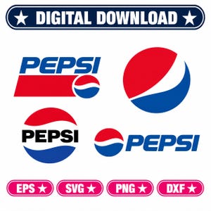 May include: A digital download collection featuring multiple Pepsi logo variations in red, white, and blue. The graphic includes the text Pepsi, a circular globe icon, and file format labels for EPS, SVG, PNG, and DXF at the bottom of the image.