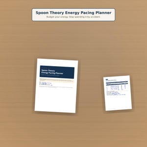 Könnte beinhalten: Ein Spoon Theory Energy Pacing Planner Dokument mit dunkelblauem Kopfbereich und weißem Text. Die Seite enthält Felder für Name und Datum, ausgefüllt mit 'Jordan Ellis' und '09/18' in blauer Tinte. Ein kleinerer Tagesplaner liegt rechts daneben.