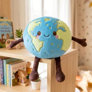 May include: A plush toy shaped like the planet Earth with a soft blue and light green surface, featuring a smiling face with embroidered eyes and pink cheeks, and dark brown fabric arms and legs dangling from the side of a shelf.
