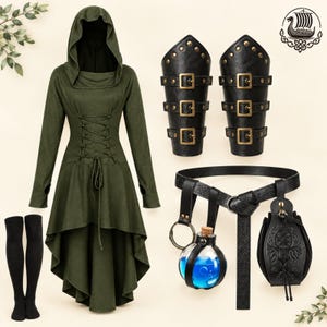 May include: An olive green hooded dress with long sleeves and a lace-up corset front, paired with black arm bracers, a black belt with a blue potion bottle and a pouch, and a pair of black over-the-knee socks.