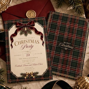May include: A Christmas party invitation card featuring a dark green and red plaid border, a deep red ribbon bow with a gold bell, and gold text reading Please join us for a Christmas party, December 20, and The Topuz Residence, 123 Maplewood Lane.