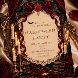 Gothic Halloween Party Invitation, Vintage Victorian Lace, Burgundy Velvet (Digital Download)