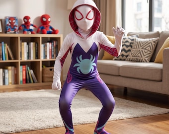 May include: A full-body costume featuring a white hood and mask with red eye outlines. The torso is purple with a light blue spider emblem. The sleeves and legs are purple and white with a red web pattern and light blue accents at the feet.