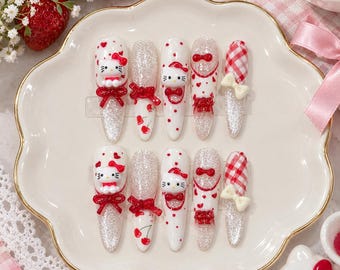 Handmade cute kawaii long Press On Nails , 3D nails Art, charms hello Kitty and heart - Reusable