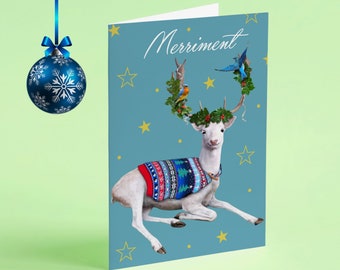 Christmas Holiday Card with Winter White Elk with Sweater Holly and Gold Stars