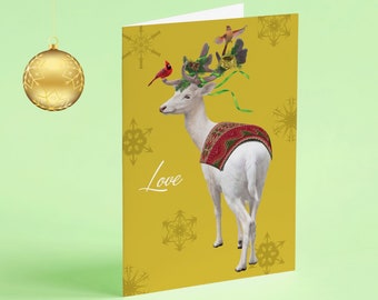 Christmas Holiday Card of White Winter Elk with Sweater and Cardinal Birds