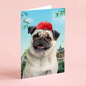 Funny Pug Dog Blank Greeting Card with Chinese Red Cap
